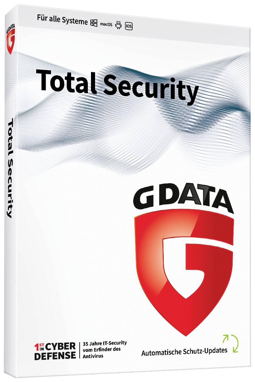 'G DATA Total Security' packaging displays logo, information about macOS compatibility, and automatic protection updates. 35 years of IT security.
