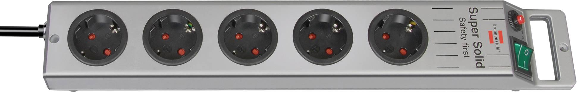 Five-outlet power strip with individual red on/off switches, a black cord on one end, and a handle on the other, labeled 'super solid'.