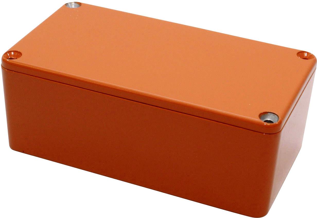 A rectangular, orange, metallic enclosure with rounded corners and four visible screws on the lid.