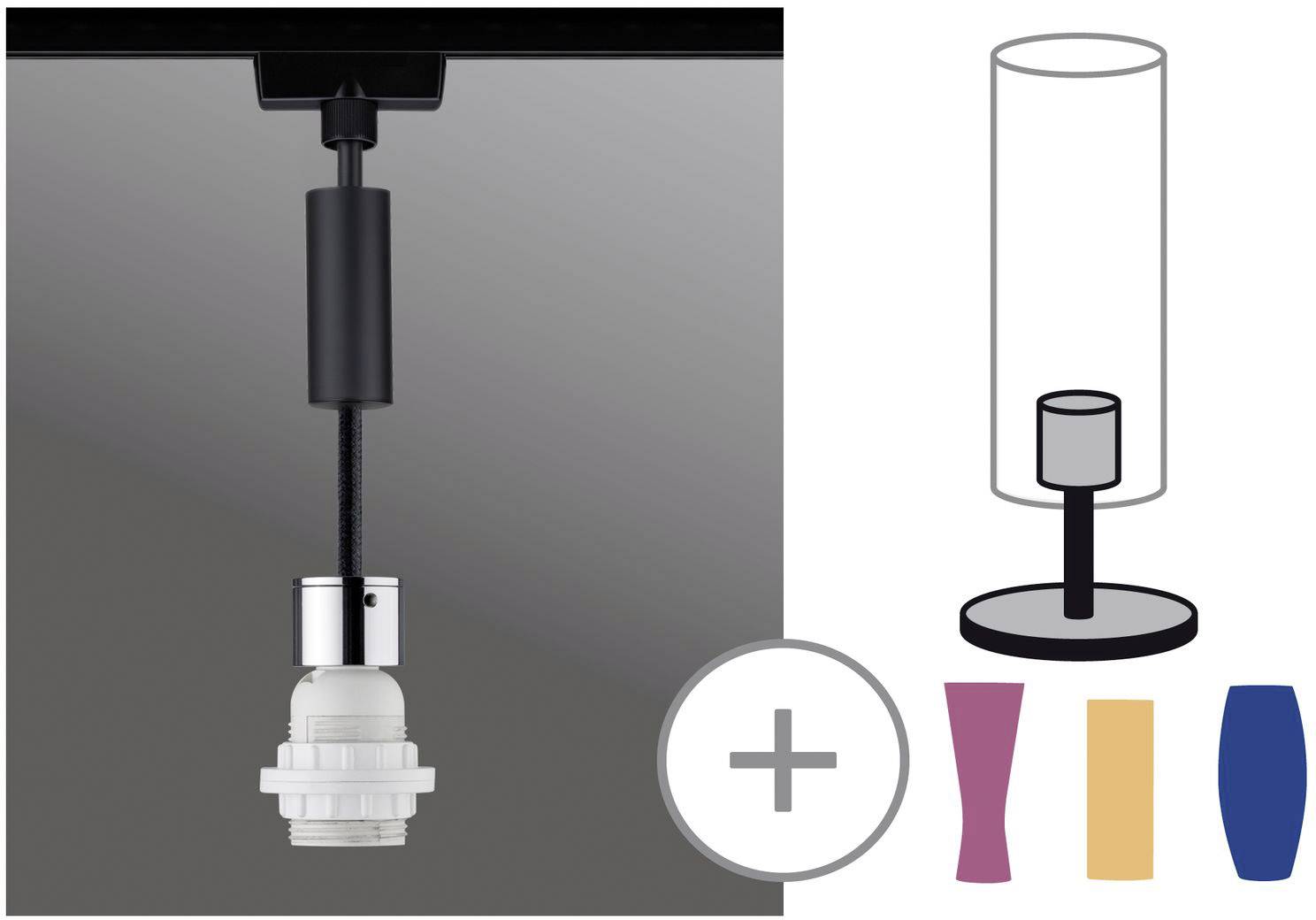 Hanging pendant light with fittings and interchangeable shades in various colours.