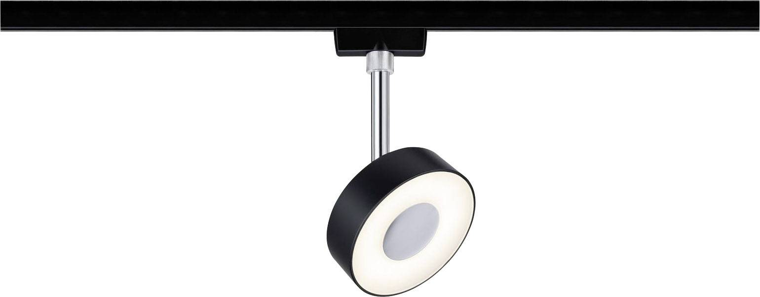 A black ceiling light with a round LED spotlight mounted on a track. The lamp is slightly angled to shine downwards.