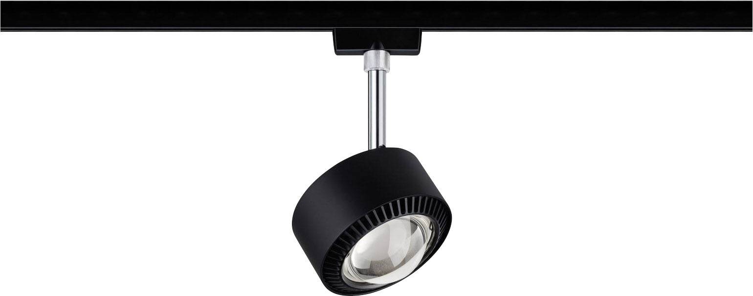 A black ceiling spotlight with a round lampshade hanging from a metal rod.