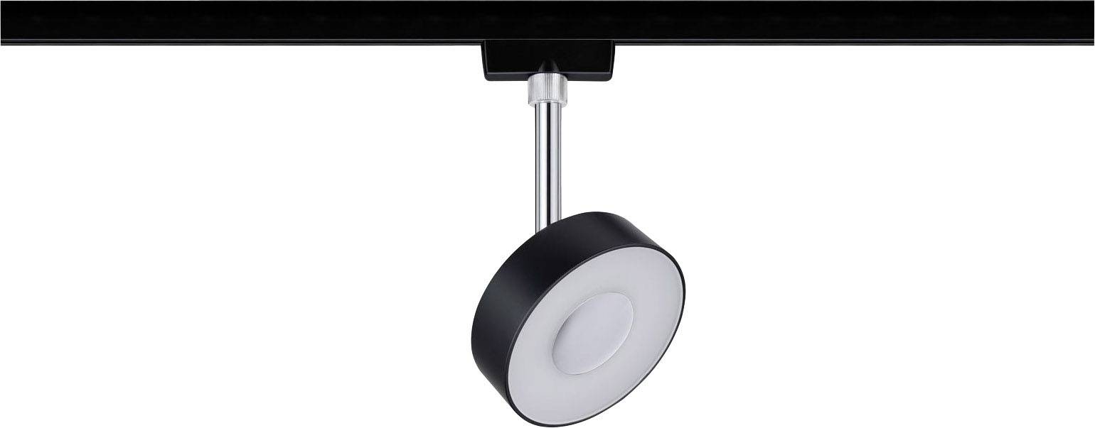 A black, round ceiling light hangs from a metal rod. It is designed in a modern style and illuminates downwards.