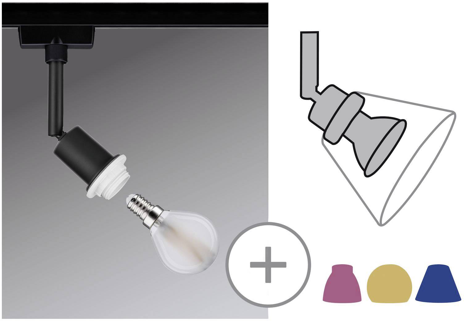 A spotlight with a replaceable light bulb. Beside it, a graphic with three interchangeable colour ranges: pink, yellow, and blue.