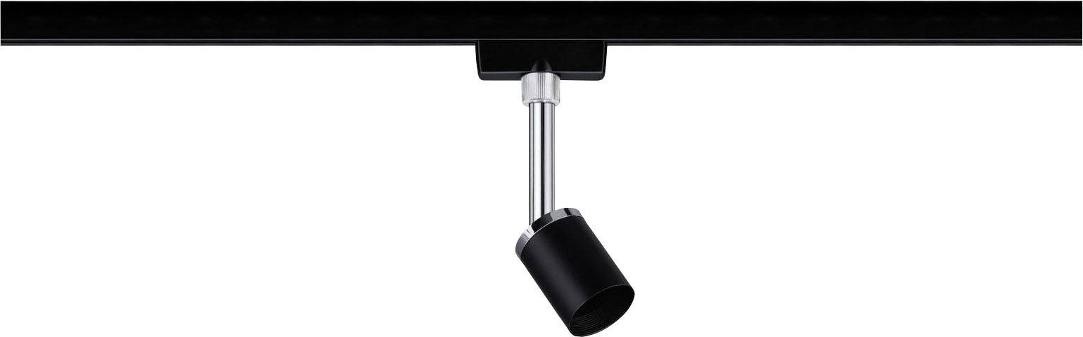Black ceiling spotlight with adjustable spot head, mounted on a track, ideal for targeted room illumination.