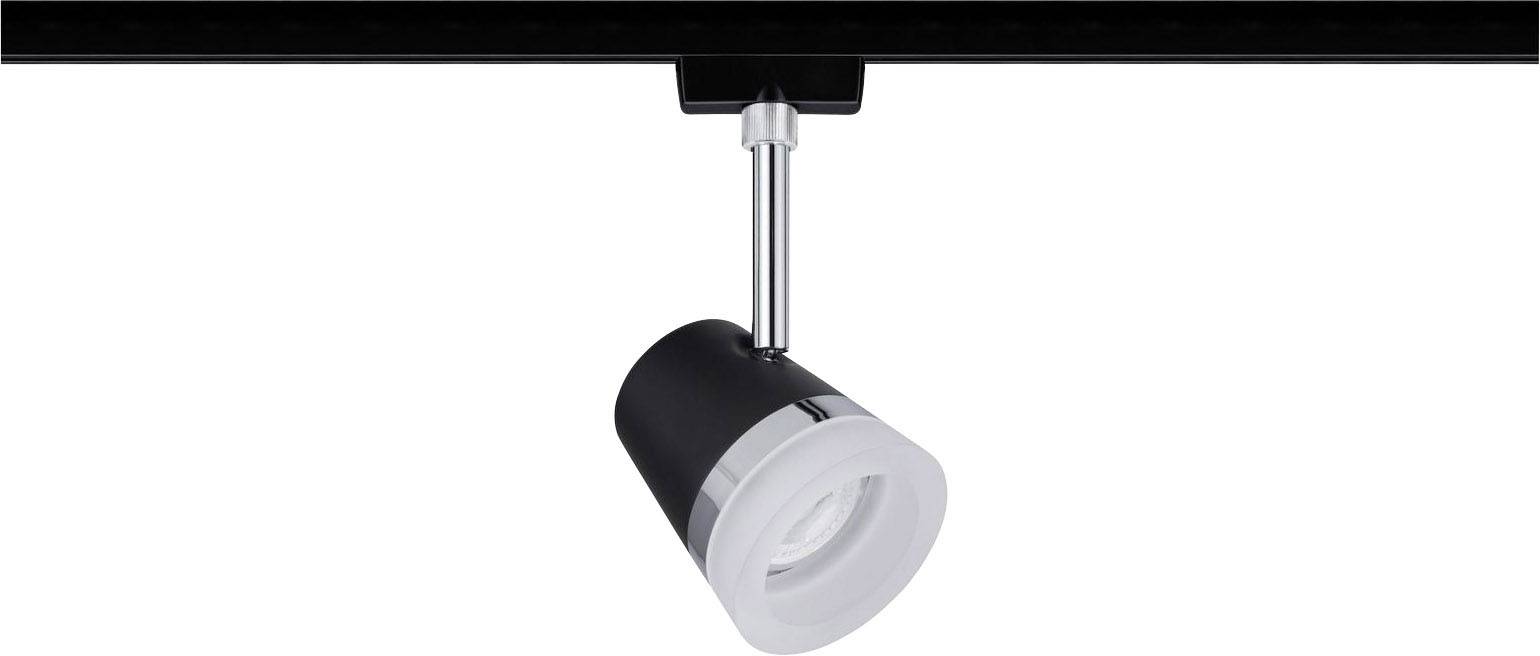 A modern black and silver ceiling spotlight mounted on a track, with a cylindrical lampshade.