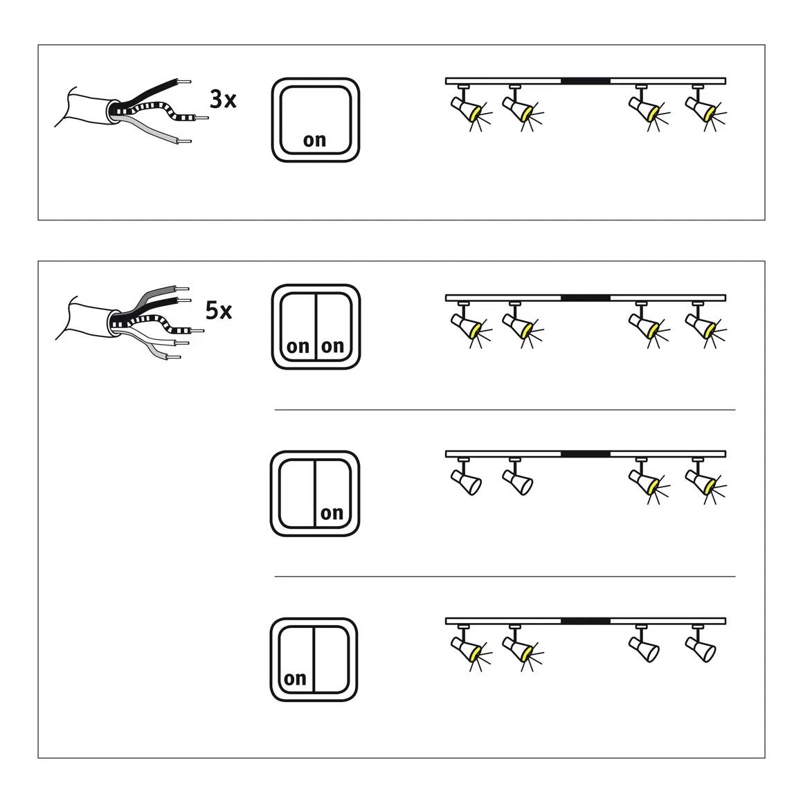A diagram shows step-by-step instructions for installing 3 to 5 LED track lights with switch positions.