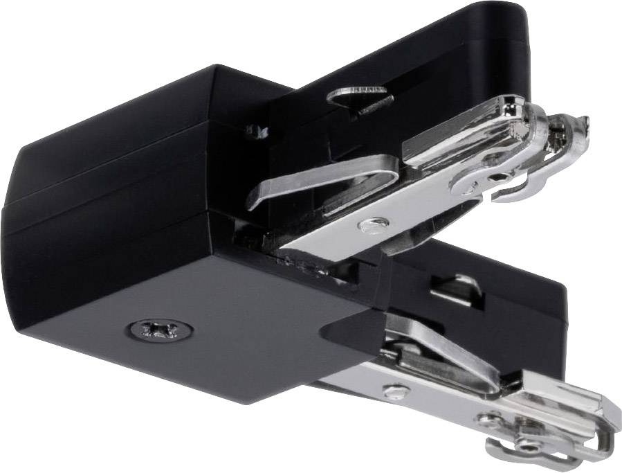 A black furniture hinge mechanism with a metal arm, mounted for opening and closing cabinet doors.