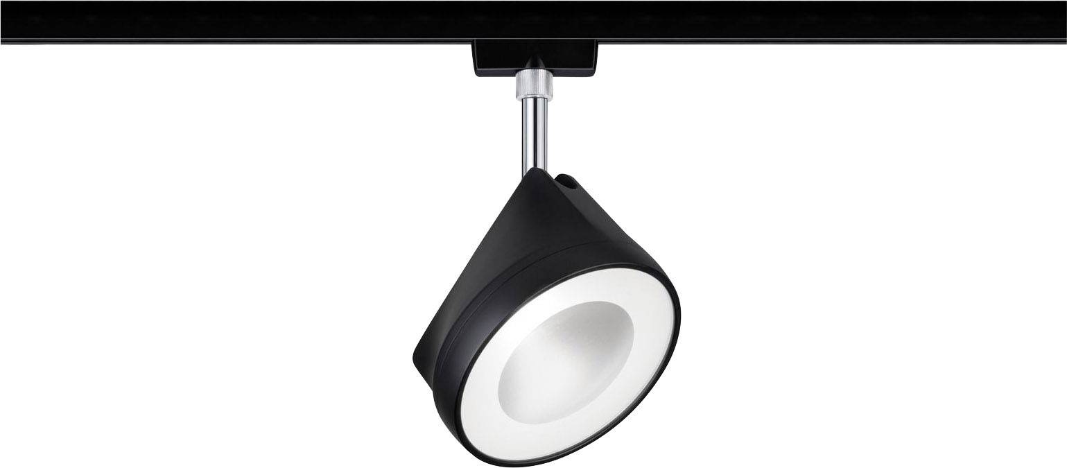 A black, adjustable ceiling spotlight with a white LED light surface, mounted on a black ceiling track.