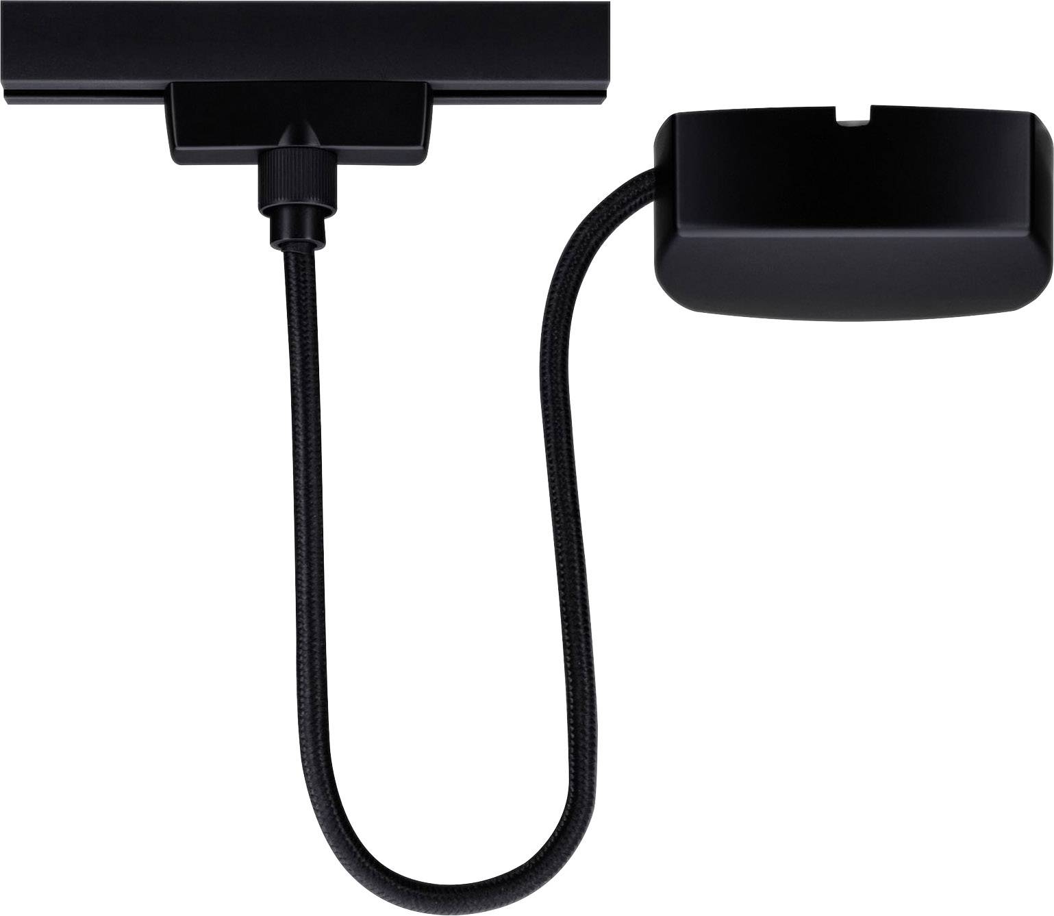 A black gooseneck lamp fitting with a flexible cable section, suitable for mounting on furniture or walls for lighting purposes.