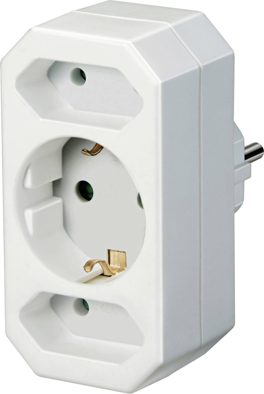 White plug adapter with one round grounded socket and two-prong outlet holes, shown in close-up on a white background.