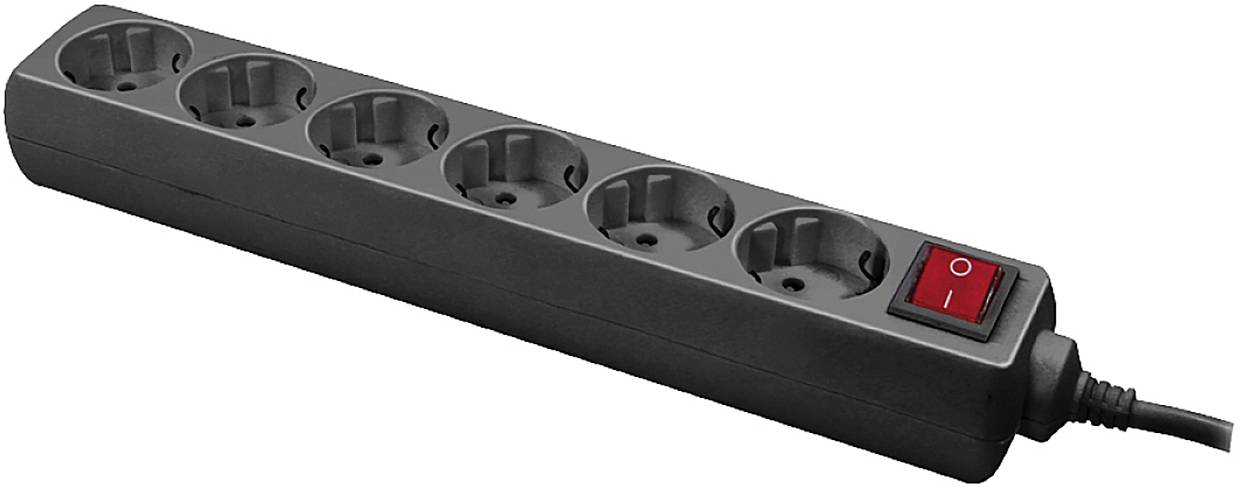 A black power strip with six sockets and a red on/off switch.