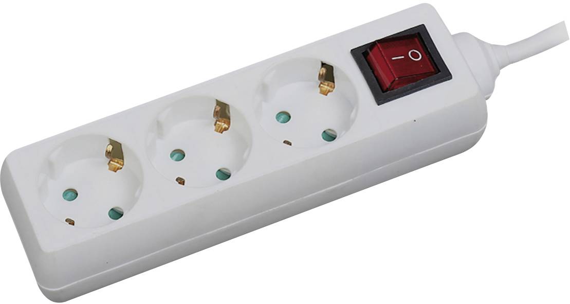 Triple socket with red on/off switch, suitable for European plugs, with electrical cable.