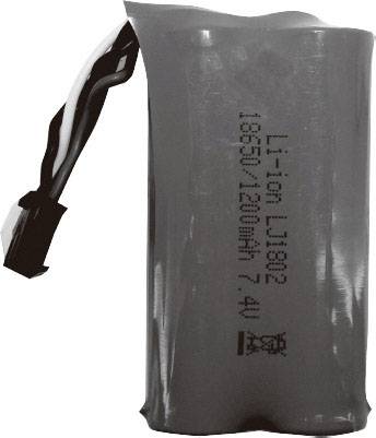 Black lithium-ion battery with label 'Li-ion Li18602 18650/1200mAh 7.4V', cable connection at the top.