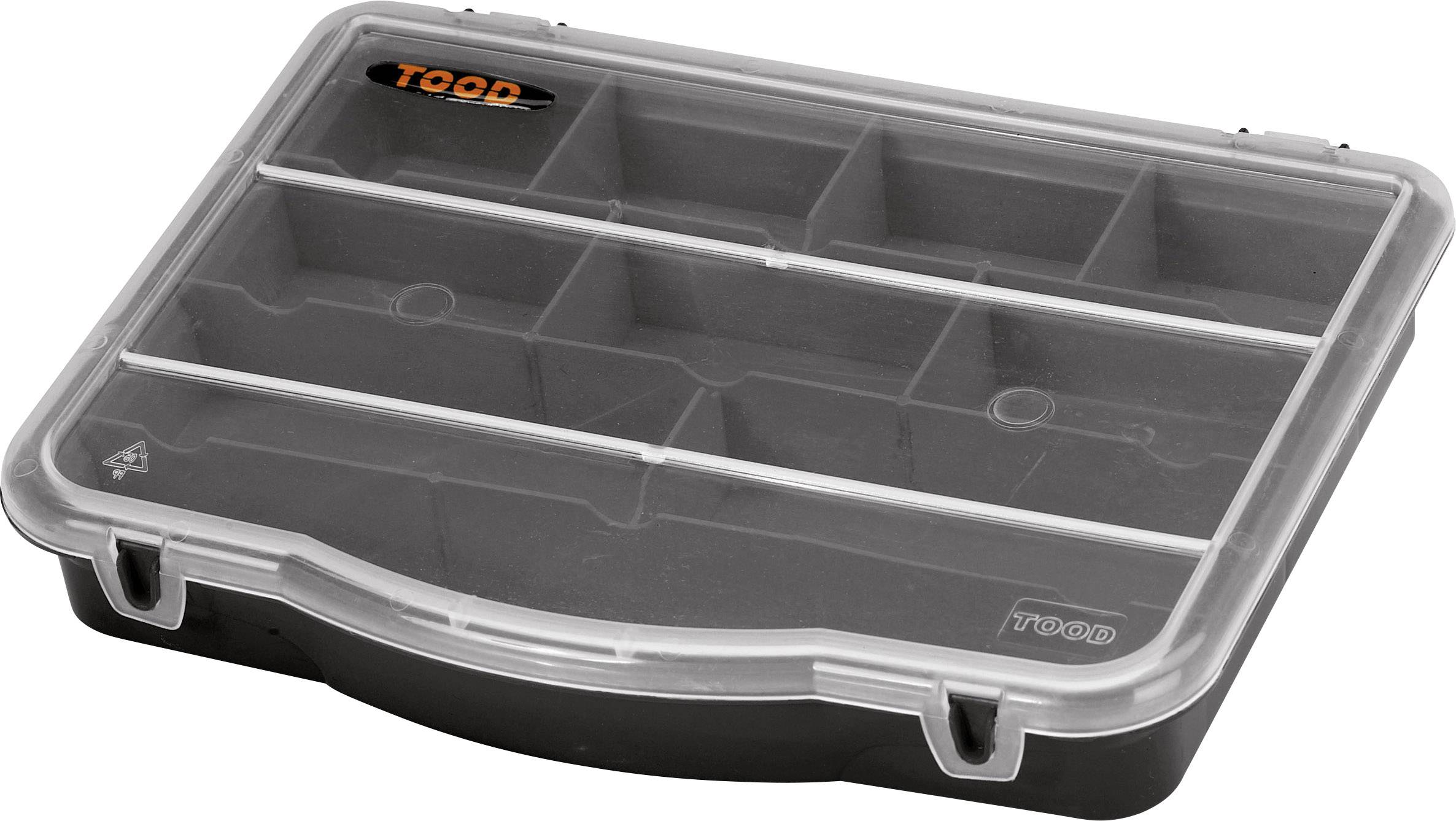 A black storage box with a transparent lid and multiple small compartments for storing small components.