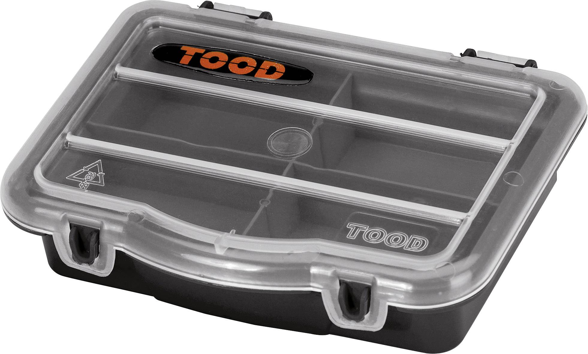 Transparent, sealable plastic storage box with multiple compartments. Label on the box reads 'TOOD'. Suitable for storing small items.