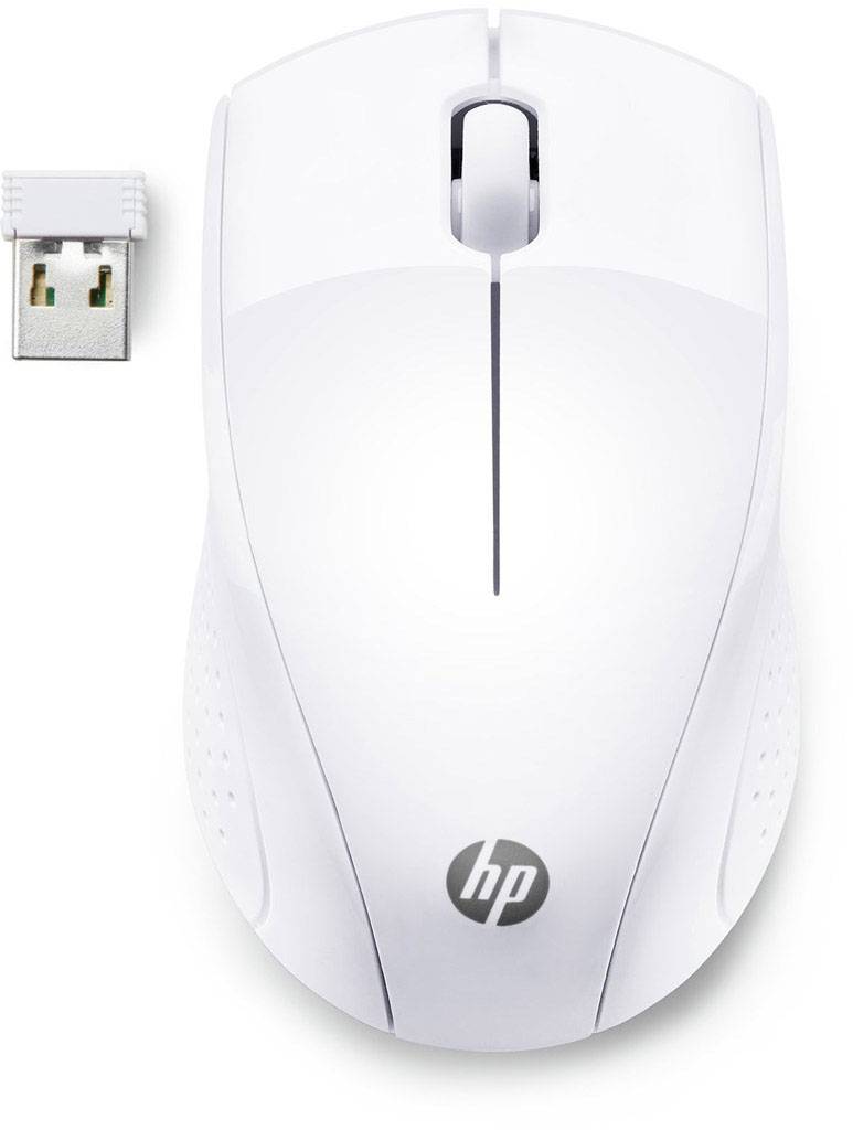 White wireless mouse with USB dongle. Oval design with grey scroll wheel and HP logo on the front. Suitable for laptops and computers.