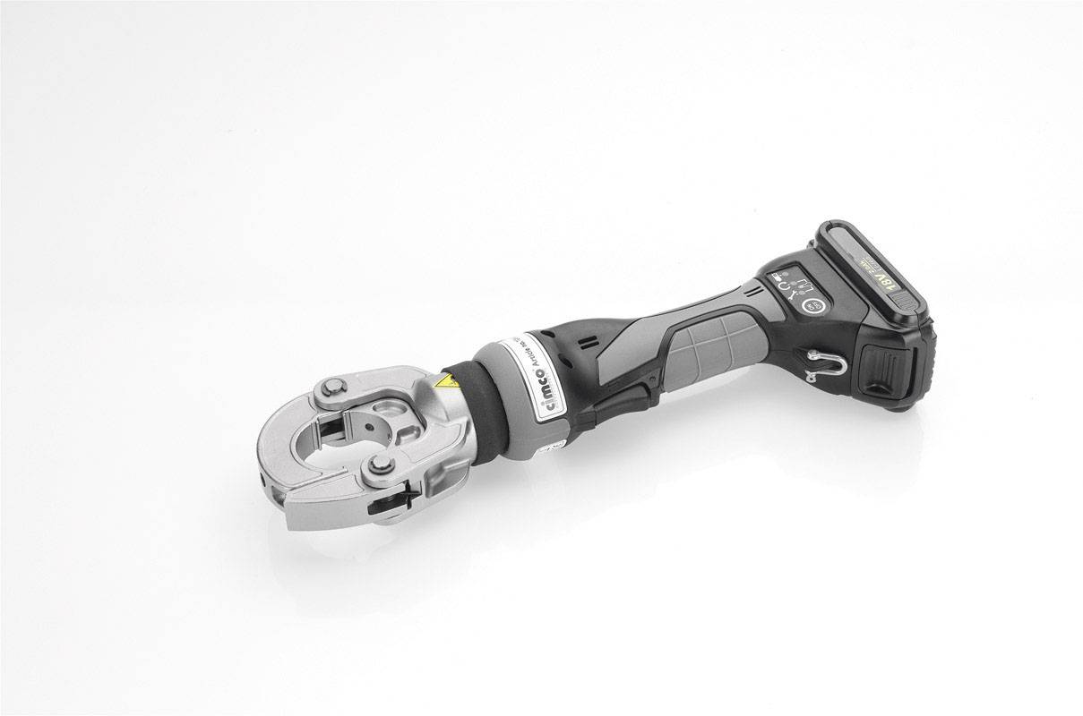 Battery-powered hydraulic tool with an ergonomic handle, silver cutting head and black casing. Ideal for cable connections.