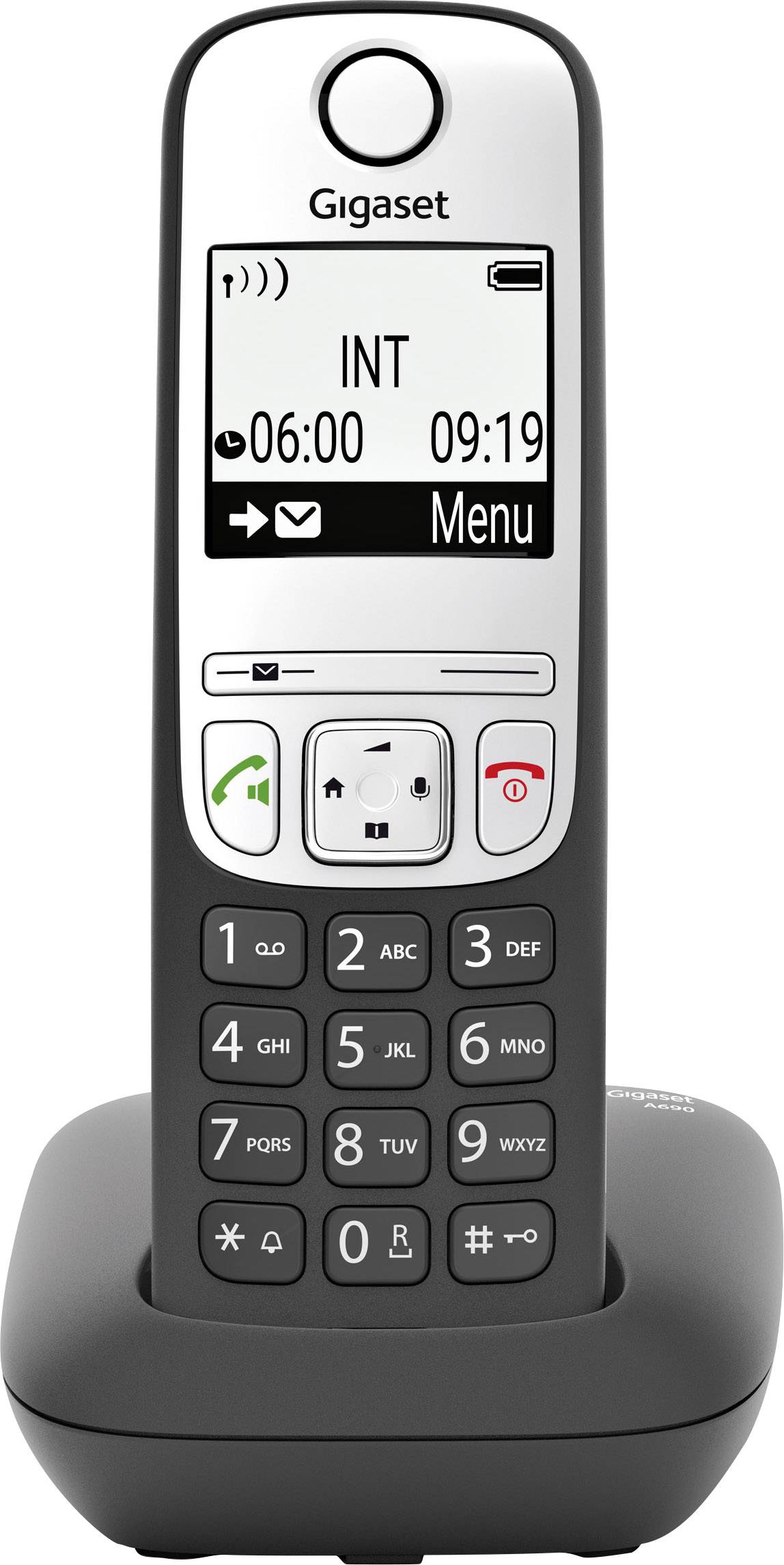 Cordless telephone with display, showing time as 09:19, menu option and caller display. Gigaset model selection, keypad at the bottom.