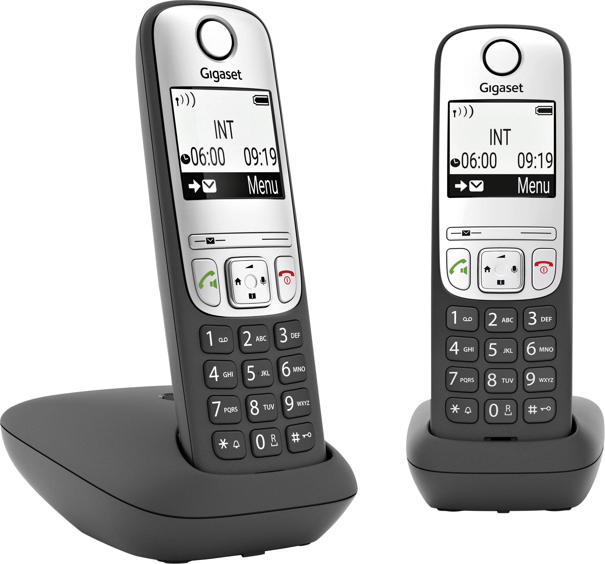Two cordless telephones with base station and display, showing the time and menu options.