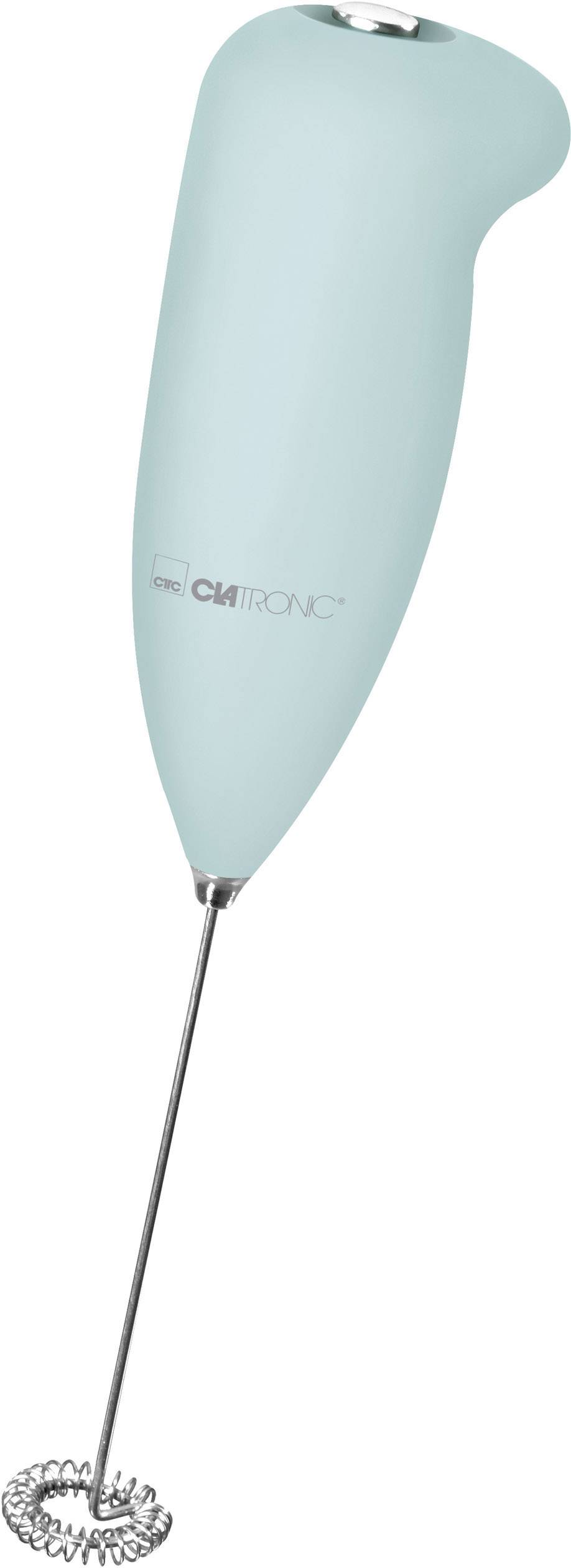 A light blue milk frother with a slender handle and stainless steel whisk, perfect for frothing milk or preparing hot drinks.