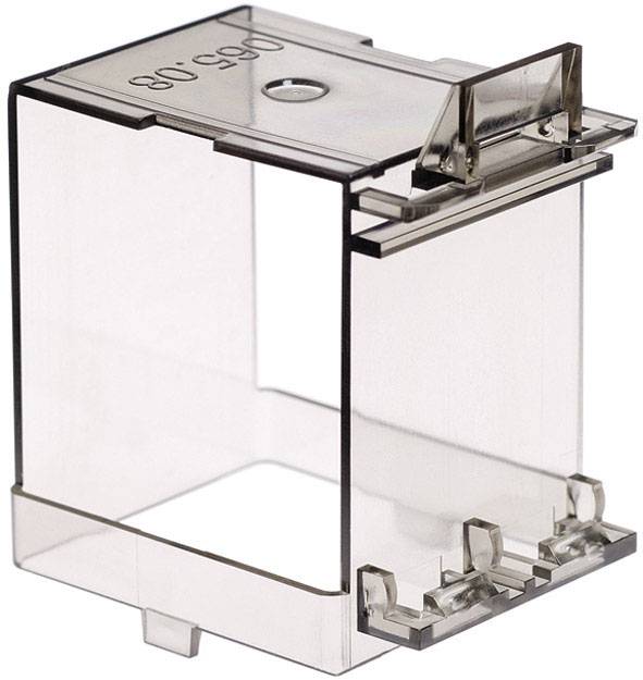 Transparent plastic cover with fastening mechanisms on the underside, potentially for protecting or mounting specific items.