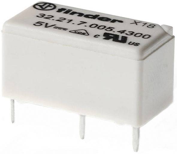 Relay with the inscription 'Finder X18, 32.21.7.005.4300, 5V'. Displays manufacturer's logo and electrical specifications on top of the relay housing.