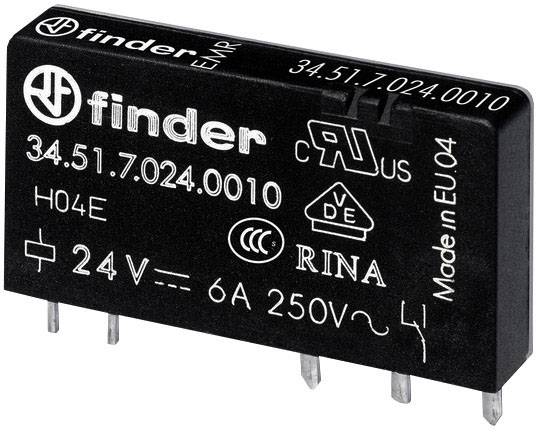 A black relay by Finder, model number 34.51.7.024.0010, with specifications: 24V, 6A, 250V, 