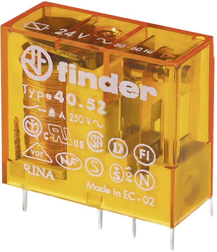 An orange Finder relay, model 40.52, with an operating voltage of 24V and a current rating of 250V.