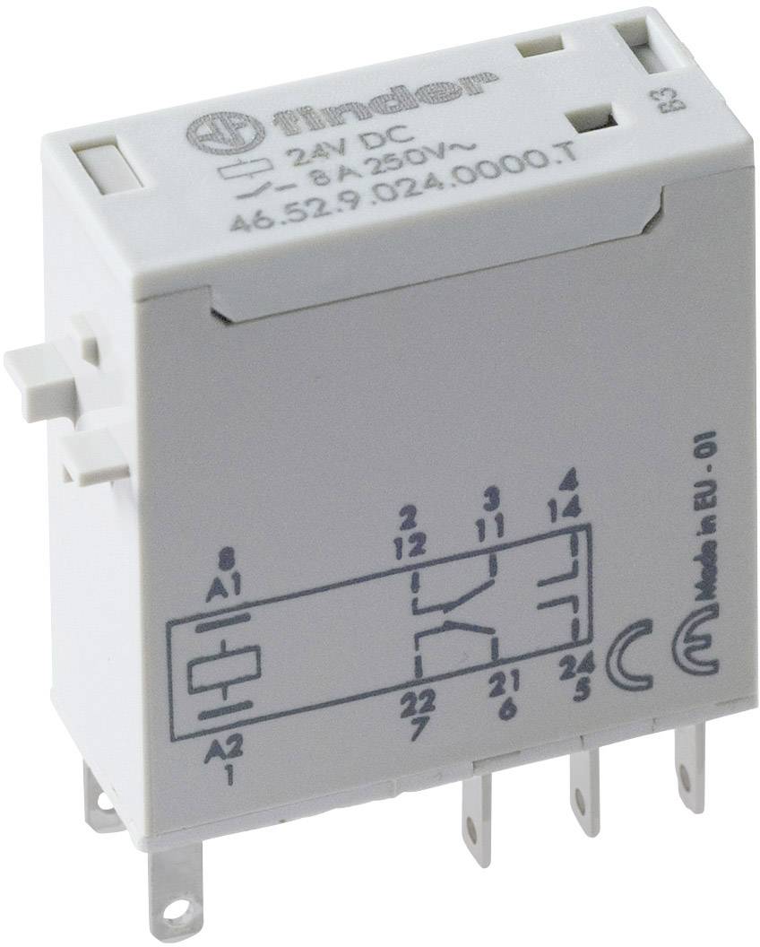 White, rectangular relay component with the inscription 'finder', '24V DC' and technical specifications. Multiple connection pins at the bottom.