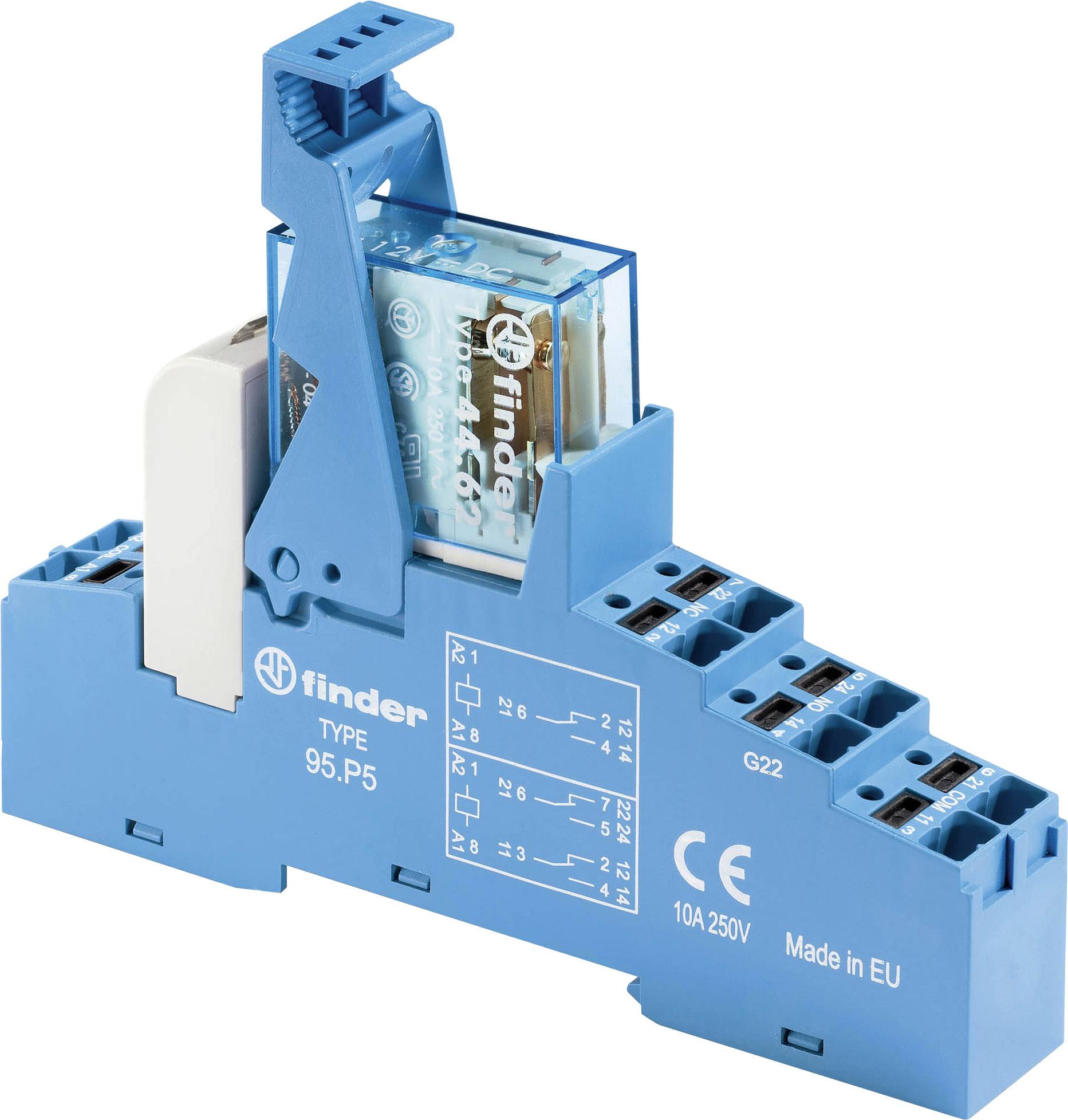 Blue relay module with Finder logo and type designation 95.05. It shows a technical drawing of the connections and is suitable for 10A 250V.