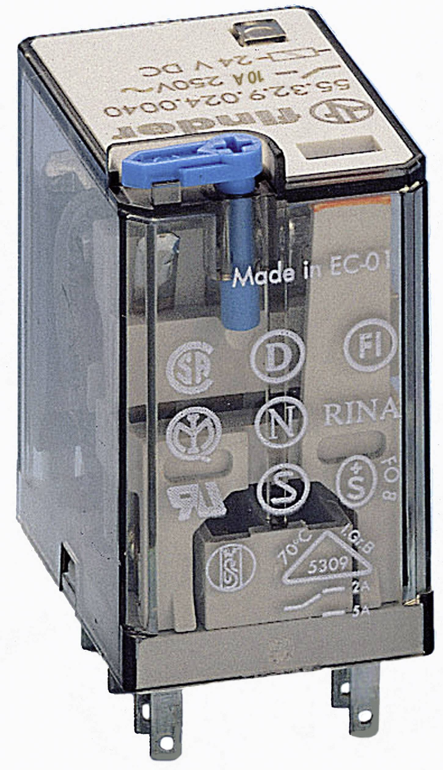 A transparent relay housing with a blue coil and metal base. Printed markings indicate specifications and test marks.