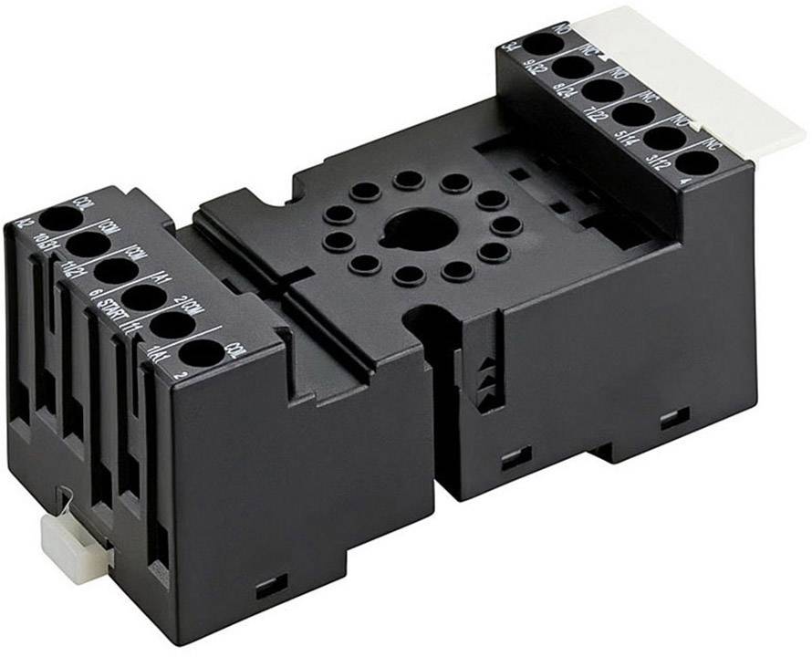 Black 8-pin relay socket with screw terminals. Suitable for industrial applications and control cabinets.