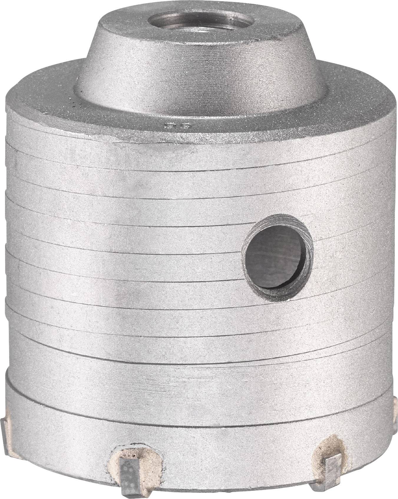 Silver metal hole saw attachment with multiple cutting surfaces and a side hole, suitable for drilling tasks.