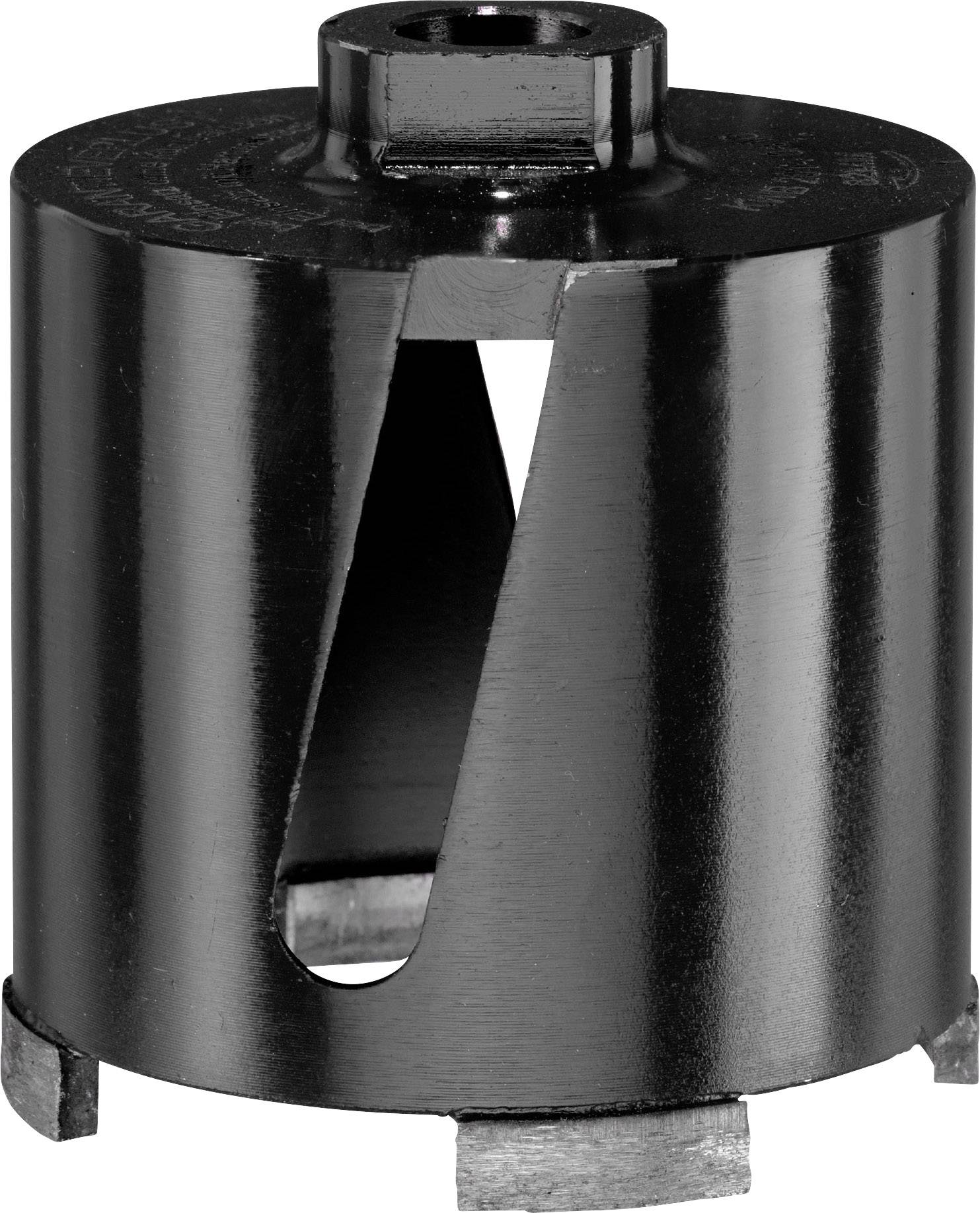 Black drill bit with a round, hollow design and sharp edge for drilling into hard materials such as ceramic or stone.
