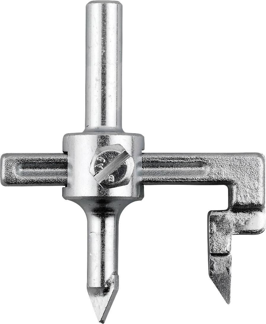 A silver circular cutter with a sharp pointed end and adjustable width. Suitable for cutting circular openings in materials.