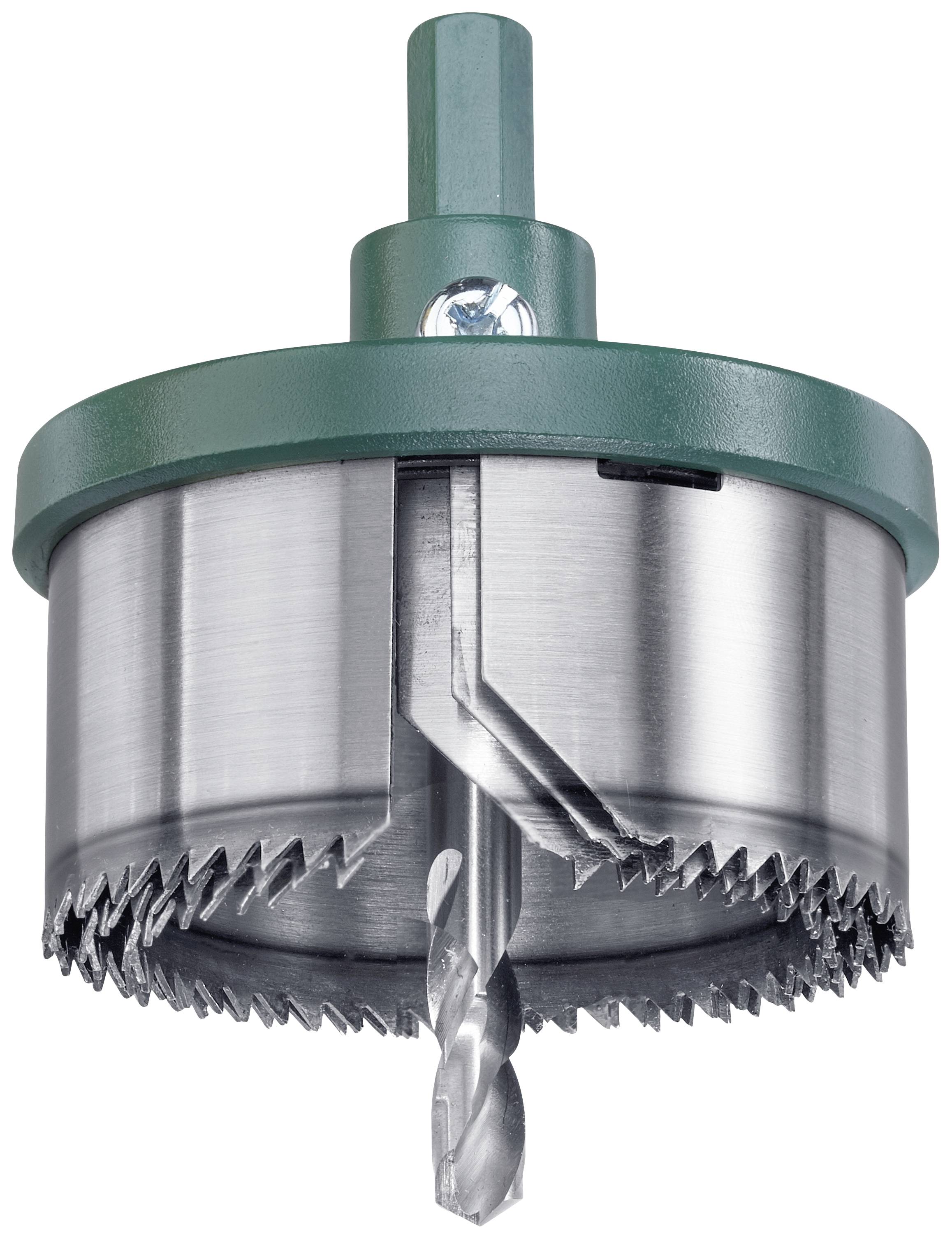 Metal hole saw with a green plastic casing and sharp teeth, suitable for drilling work on metal surfaces.
