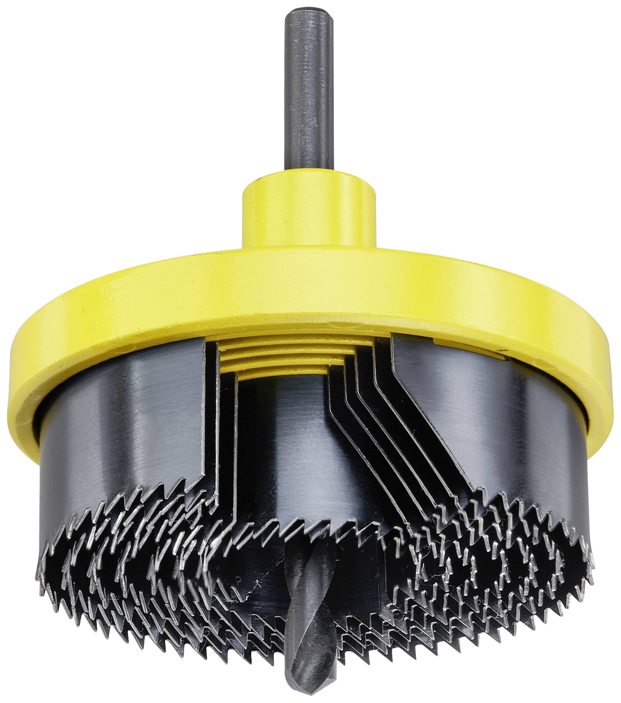 A set of hole saw attachments in various sizes, stacked on a central drill with a yellow holder for woodworking.