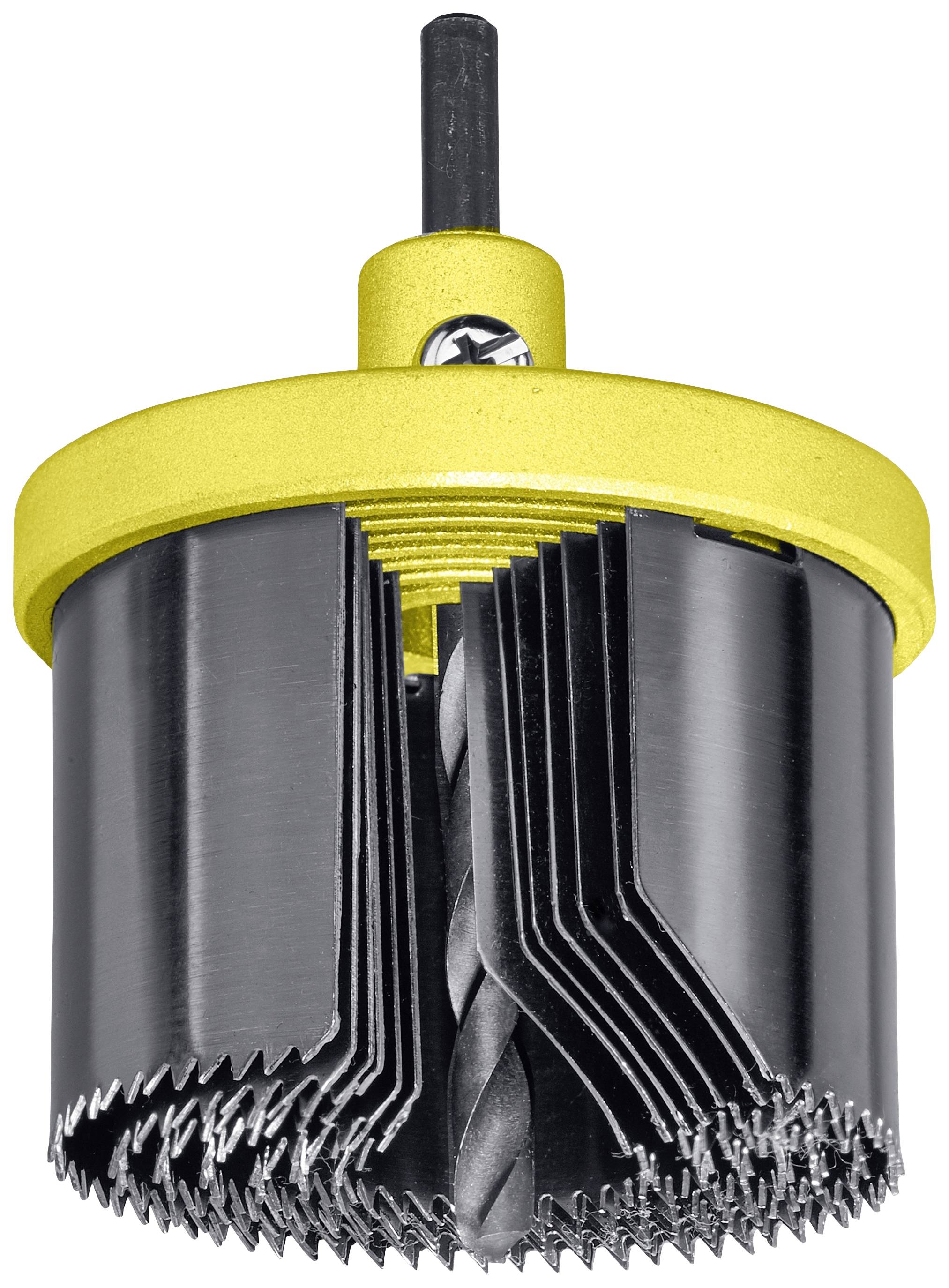 A set of hole saws in a yellow holder, suitable for woodworking and metalworking.