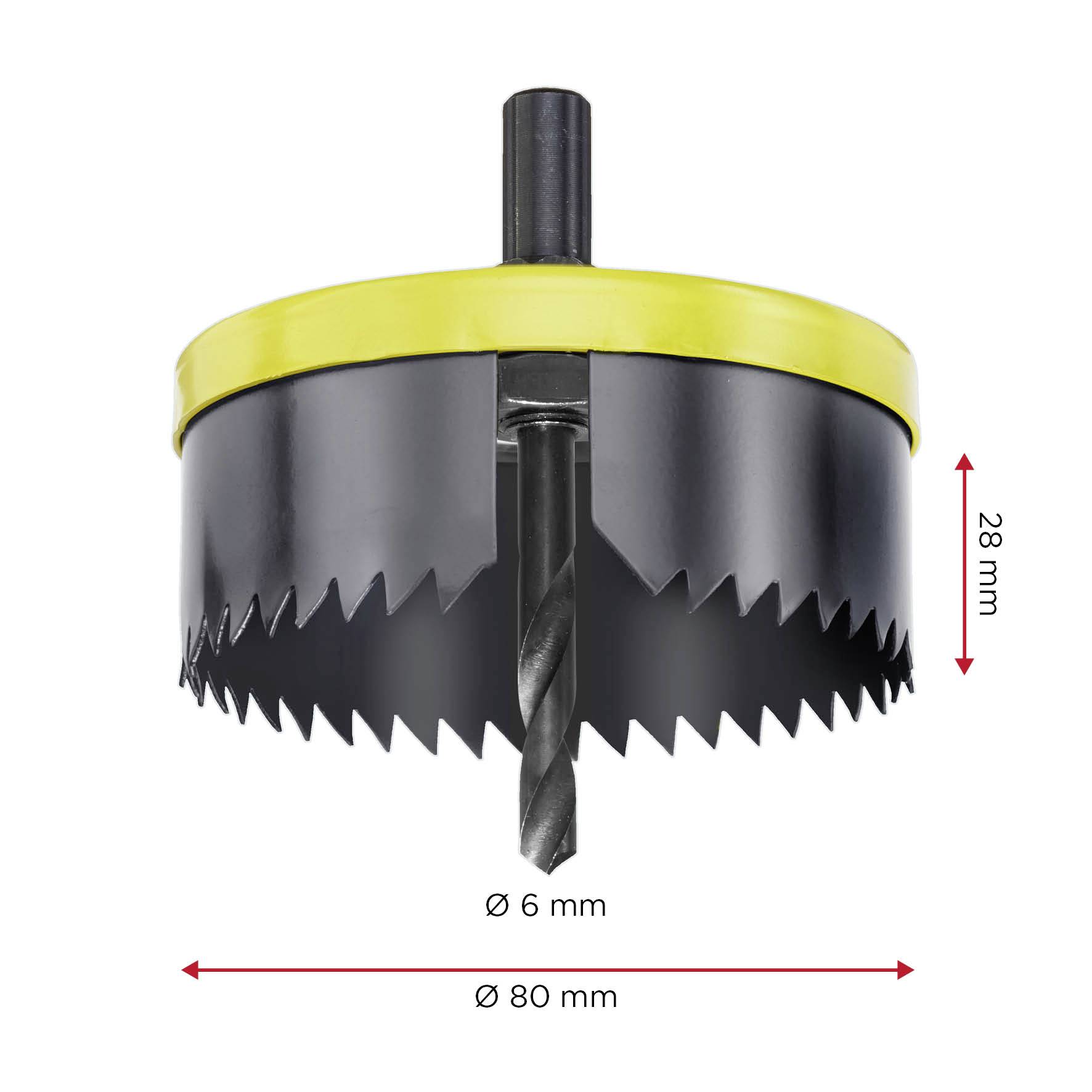 Circular saw attachment with 80 mm diameter and 28 mm height, drill bit in the centre. Teeth are serrated. Suitable for drilling large holes.