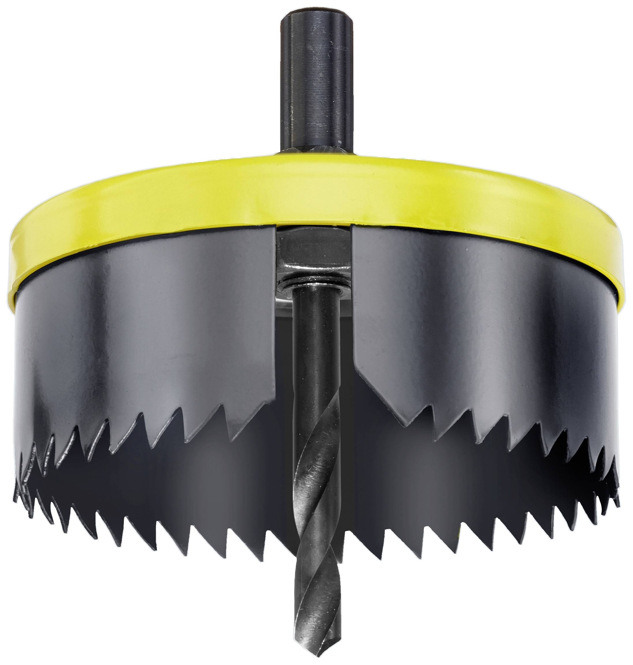 A multi-stage hole saw attachment with a yellow cover and black, serrated cutting edges.