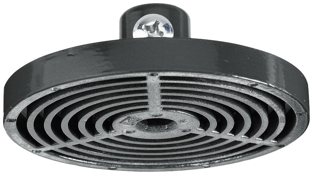 Round, black metal sprinkler head with concentric grooves, mounted on a wall or ceiling bracket.