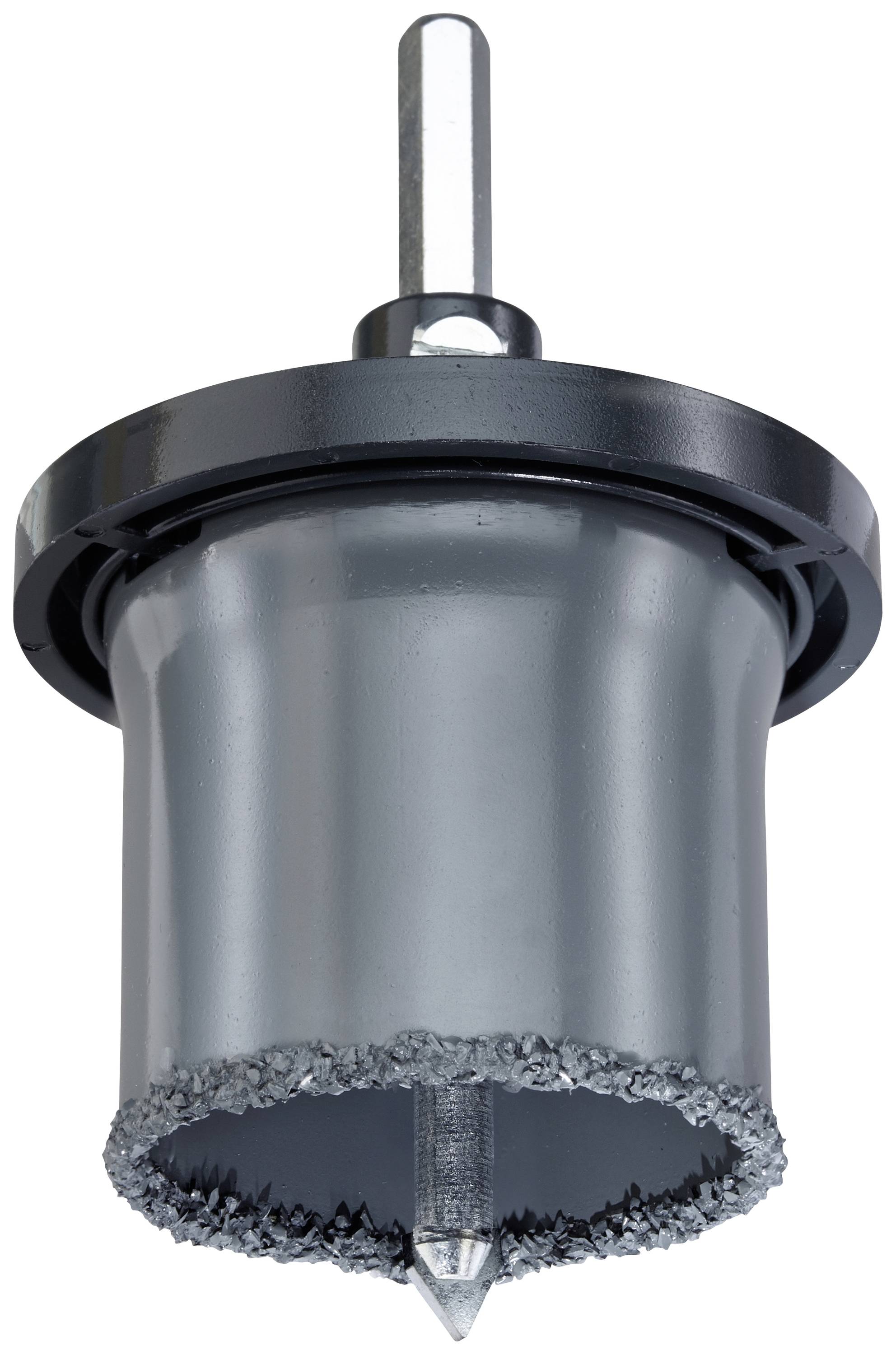 A grey hole saw attachment with a sharp edge and central drill bit, suitable for drilling holes in materials such as wood or metal.