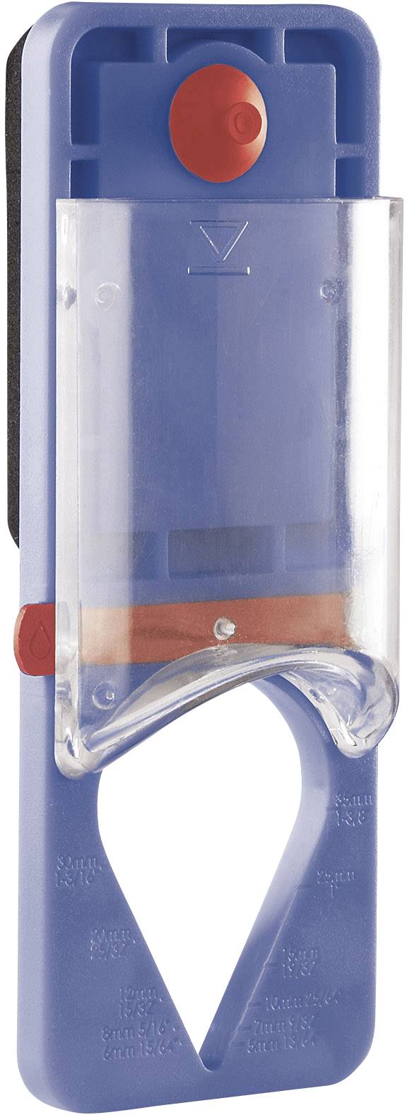 A blue plastic holder with a transparent container and a red cap on top, suitable for clamping onto a surface.