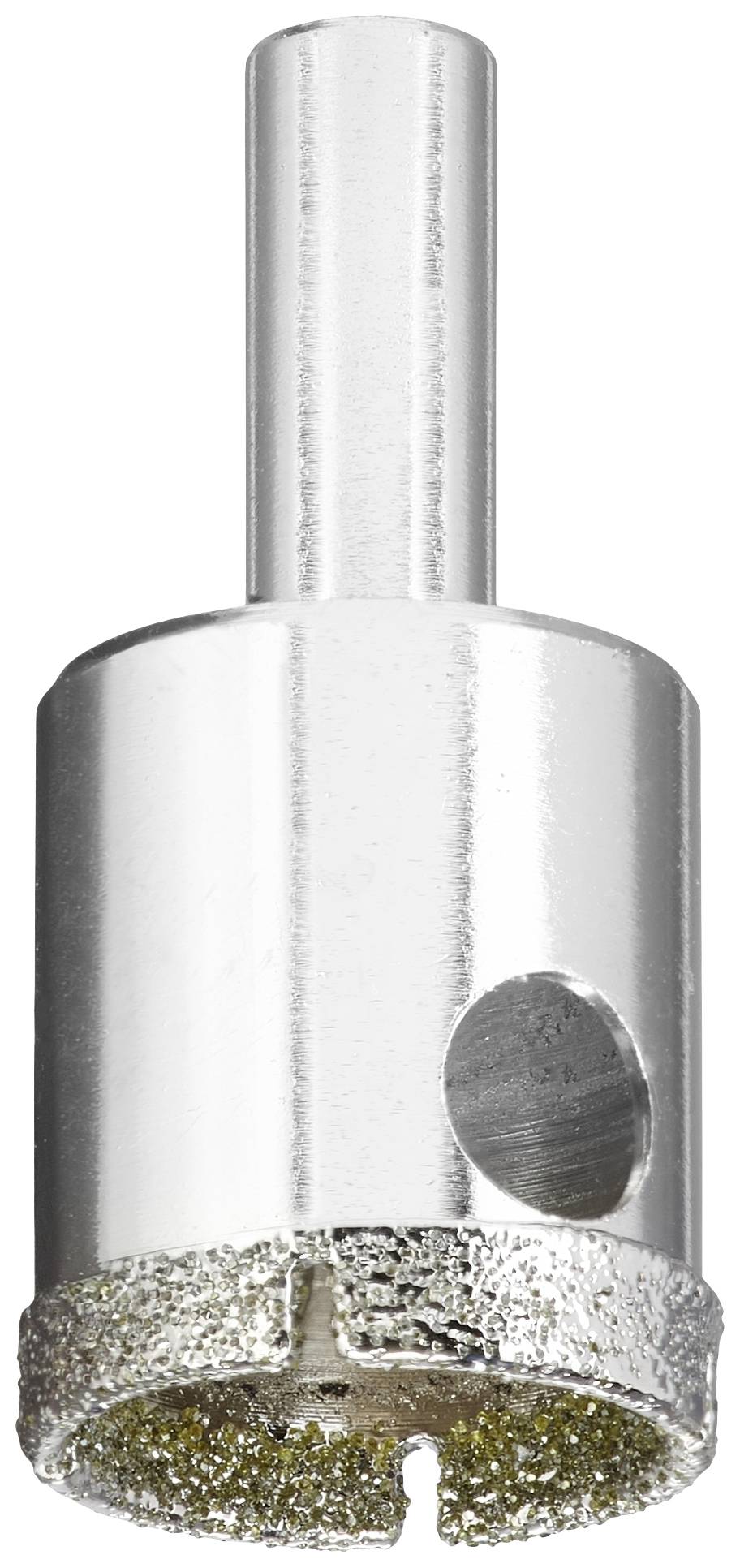 Silver drilling head with diamond-coated edge, suitable for precision drilling in hard materials.