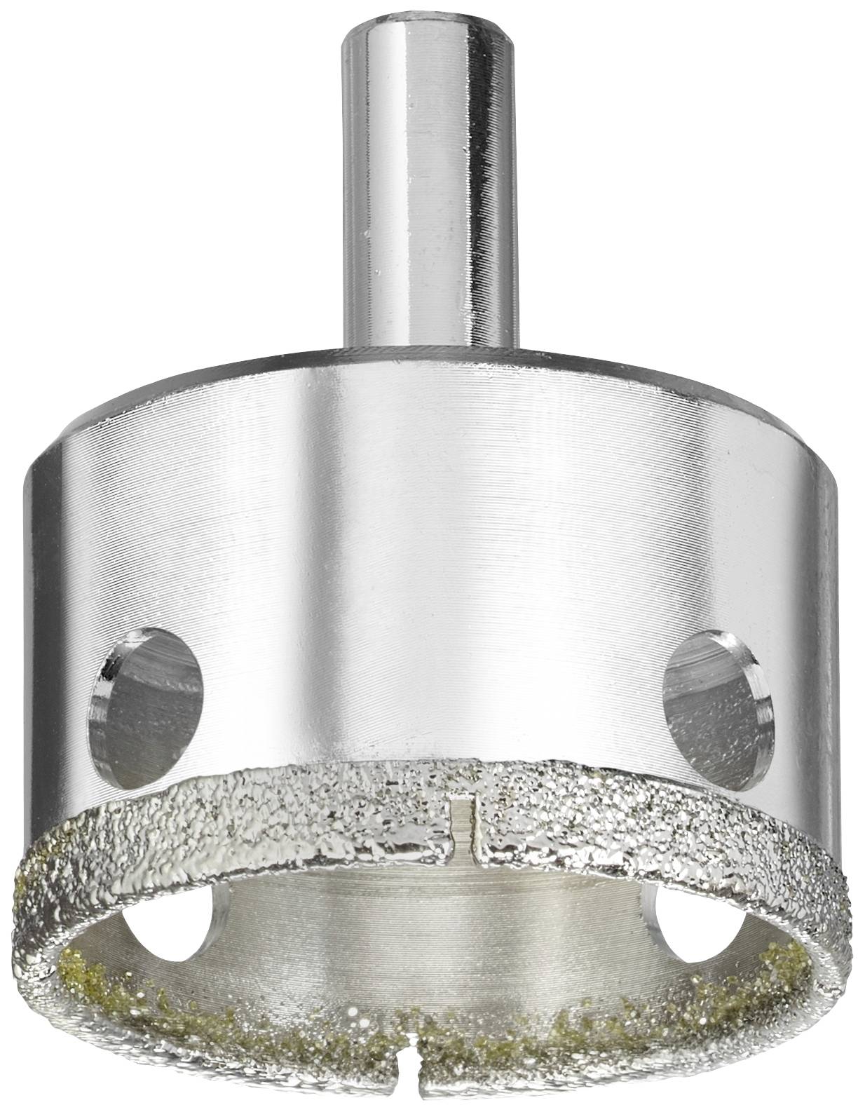 Bohrkrone aus Metall mit Diamantbeschichtung, geeignet für Hartmaterialien. Zylindrische Form, seitliche Öffnungen zur Staubabfuhr.