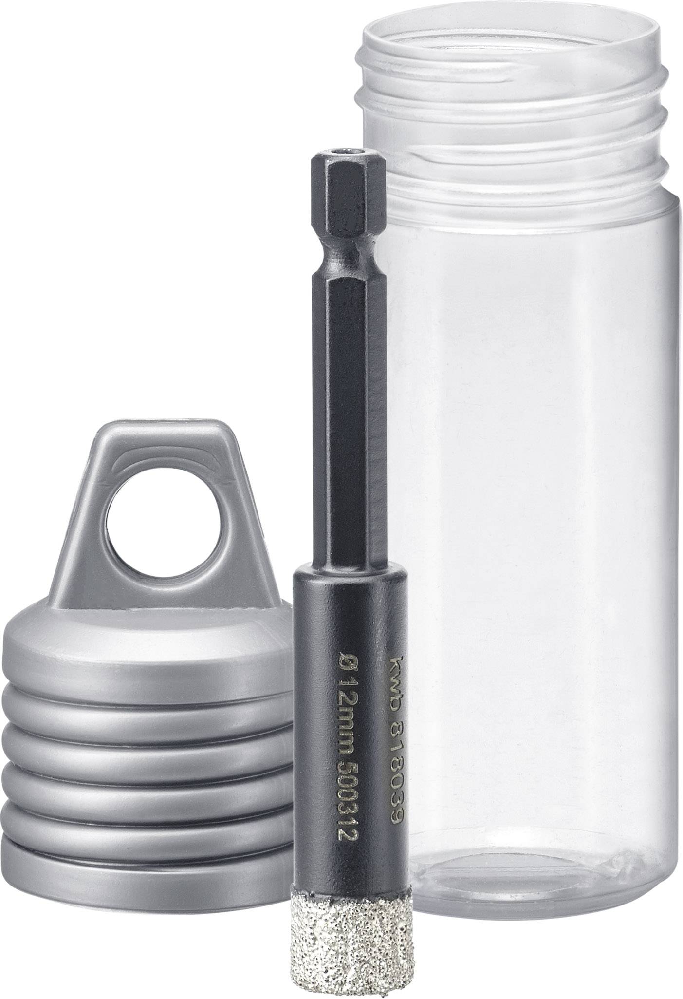 Drill with diamond-tipped point, standing upright next to an open, transparent plastic container with a screw cap.