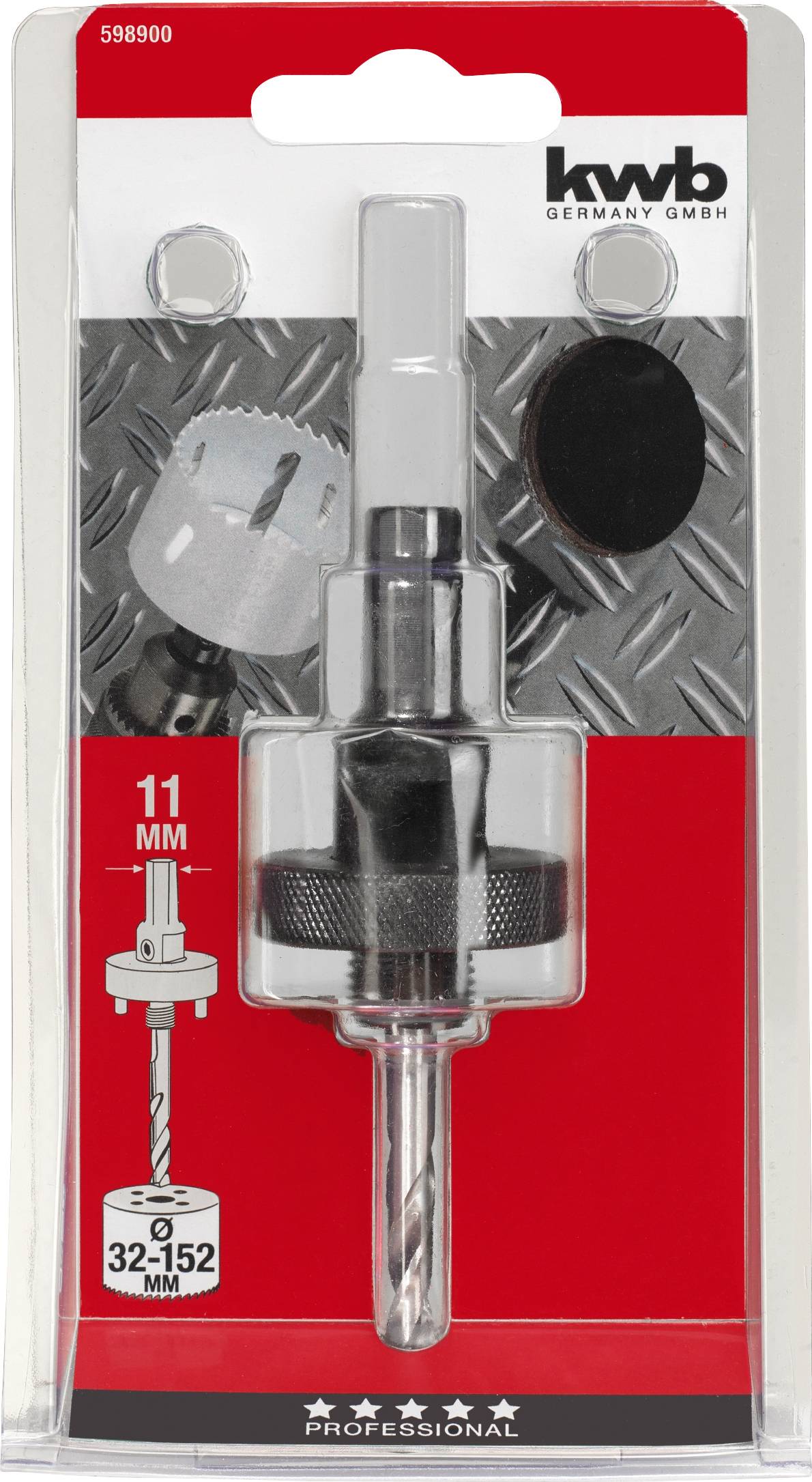 Packaging for hole saw drill: Adapter and drill visible, for 11 mm holes. Brand logo in top right corner. Note on compatible sizes 32-152 mm.