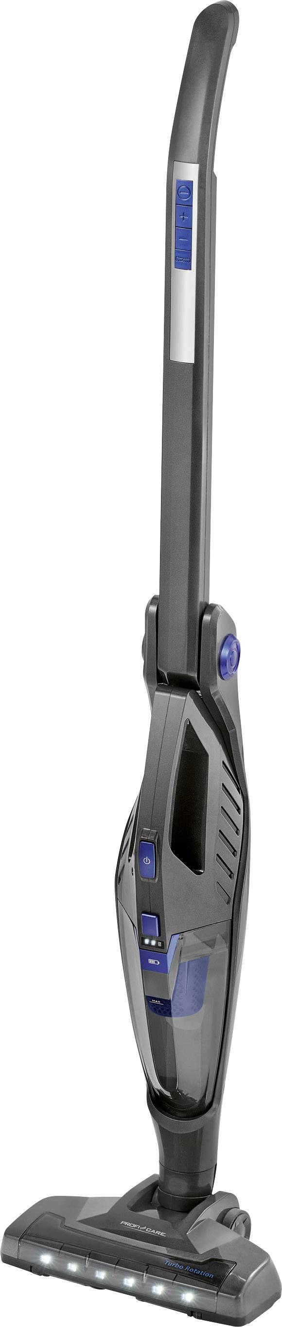 Cordless vacuum cleaner in an upright position with an illuminated floor head and blue accent design. Suitable for quick household cleaning.
