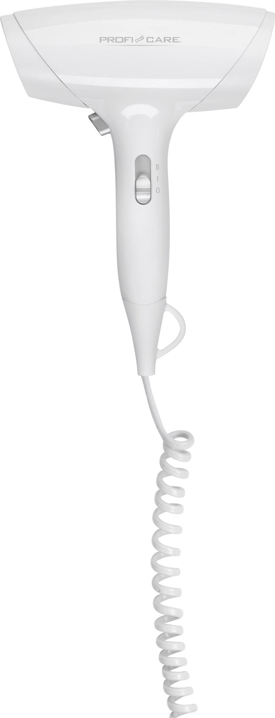 A white hairdryer with a spiral-coiled cable and handle. The brand name is printed on the top.